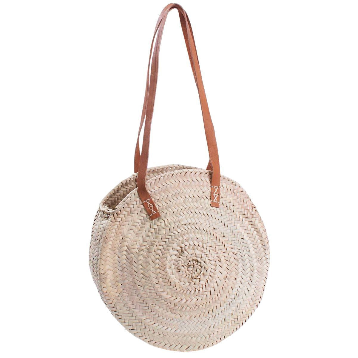 Borsa rotonda in palma chiara con manici in cuoio, Ø35 cm