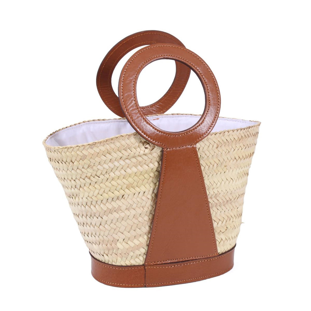 Borsa ovale in palma con manici in pelle e chiusura a coulisse, 36H25 cm