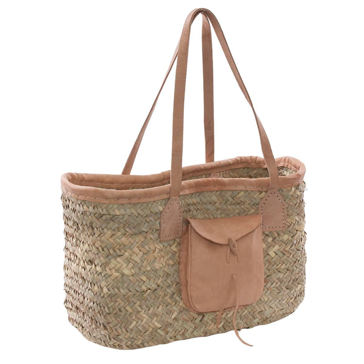 Borsa rettangolare in palma con tasca e rifiniture in cuoio, 40x18x30 cm