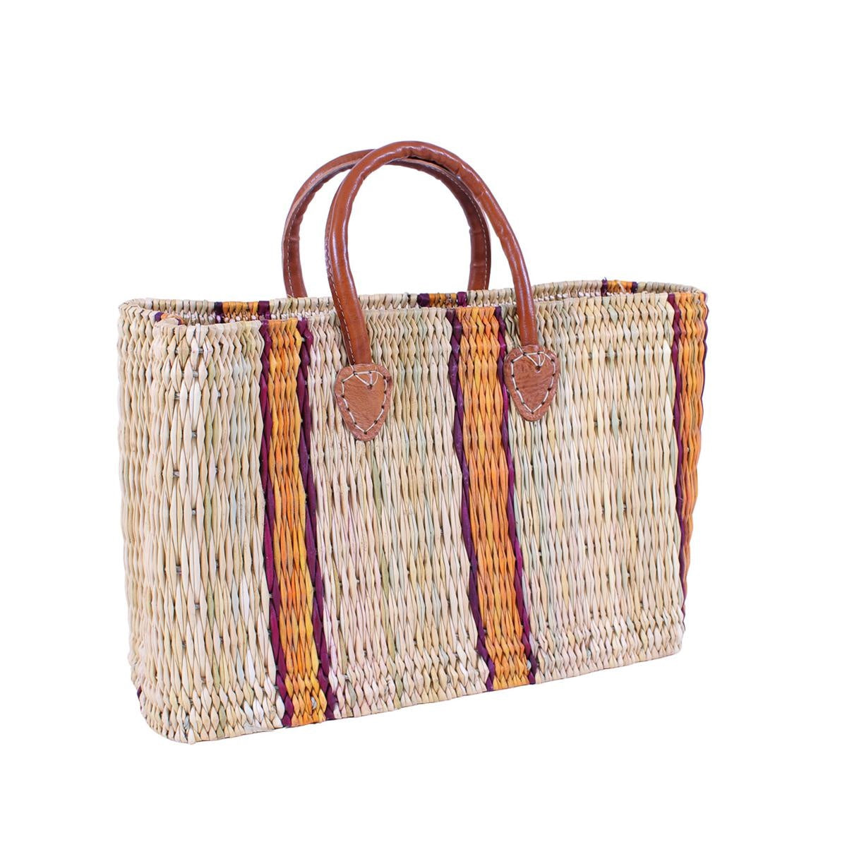 Borsa rettangolare in giunco naturale con righe arancio, 39x16x26 cm