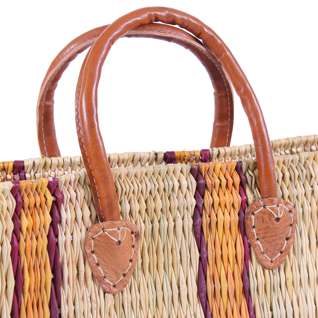 Borsa rettangolare in giunco naturale con righe arancio, 39x16x26 cm