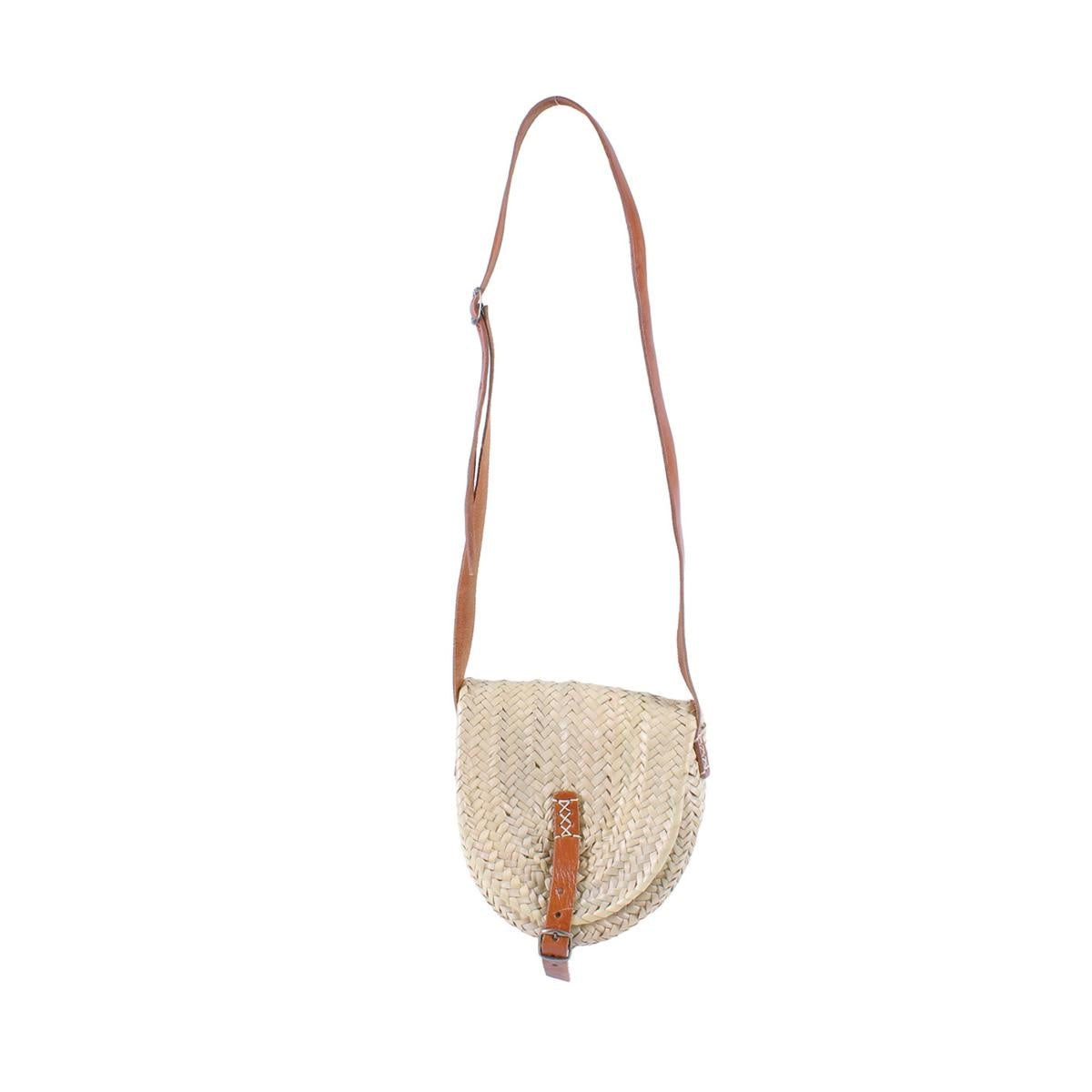 Borsa a tracolla in palma a mezzaluna con pattina e fibbia, 29x9x23 cm