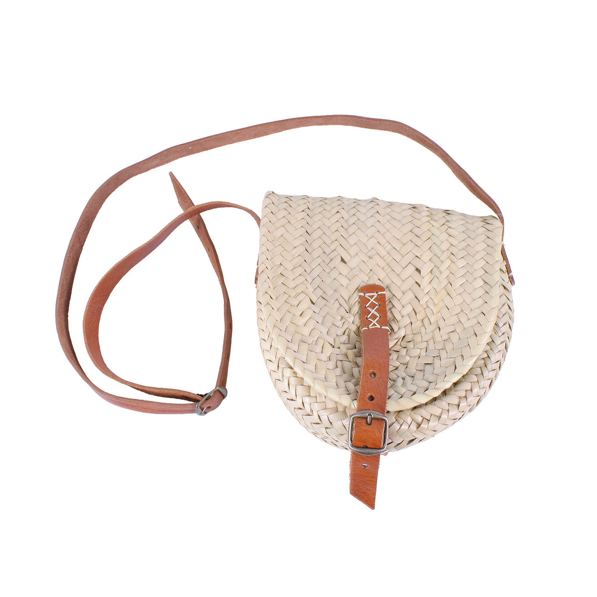 Borsa a tracolla in palma a mezzaluna con pattina e fibbia, 29x9x23 cm