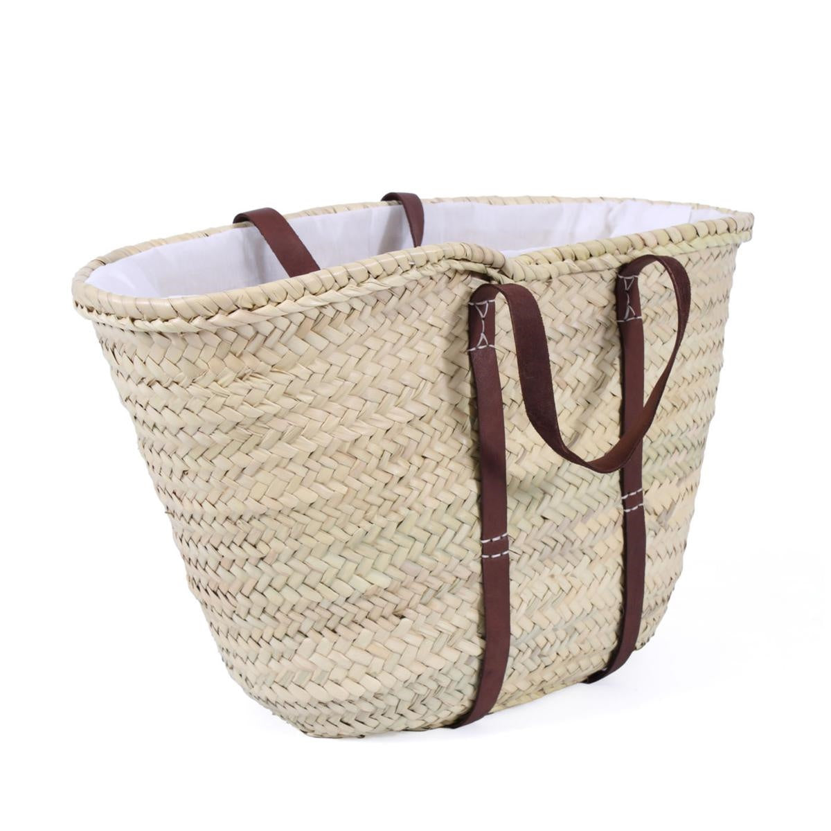 Borsa ovale in palma con manici in cuoio e coulisse, 50x30H cm