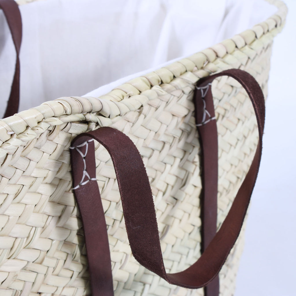 Borsa ovale in palma con manici in cuoio e coulisse, 50x30H cm