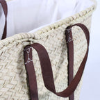 Borsa ovale in palma con manici in cuoio e coulisse, 50x30H cm