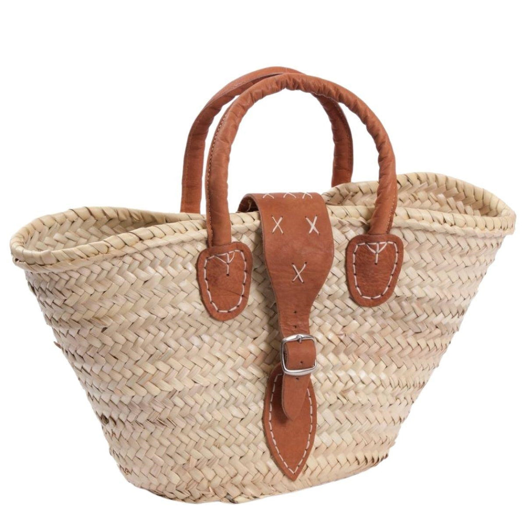 Borsa in palma con manici in cuoio, 48x15xH24/34 cm