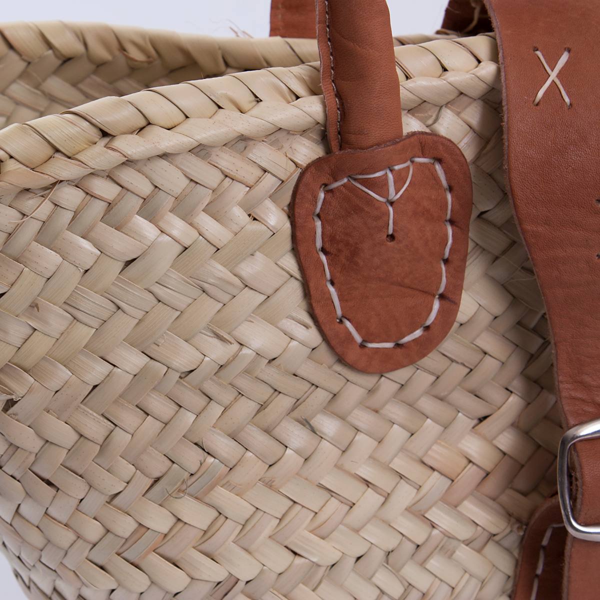 Borsa in palma con manici in cuoio, 48x15xH24/34 cm