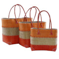 Set di 3 borse in rafia arancio e naturale con manici in pelle, fino a 30x22x34 cm