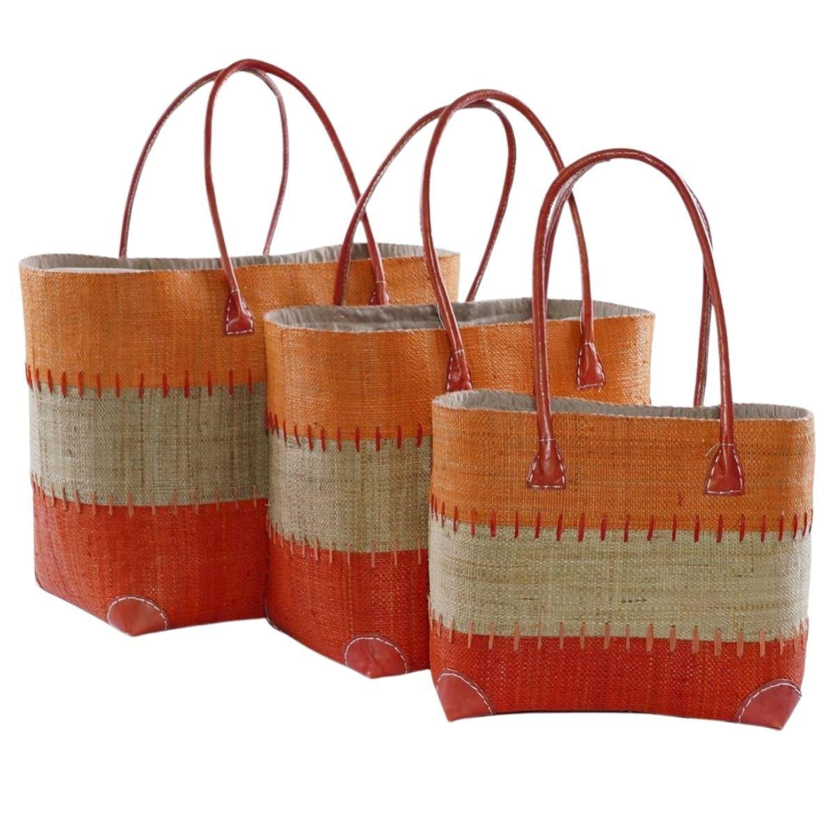 Set di 3 borse in rafia arancio e naturale con manici in pelle, fino a 30x22x34 cm