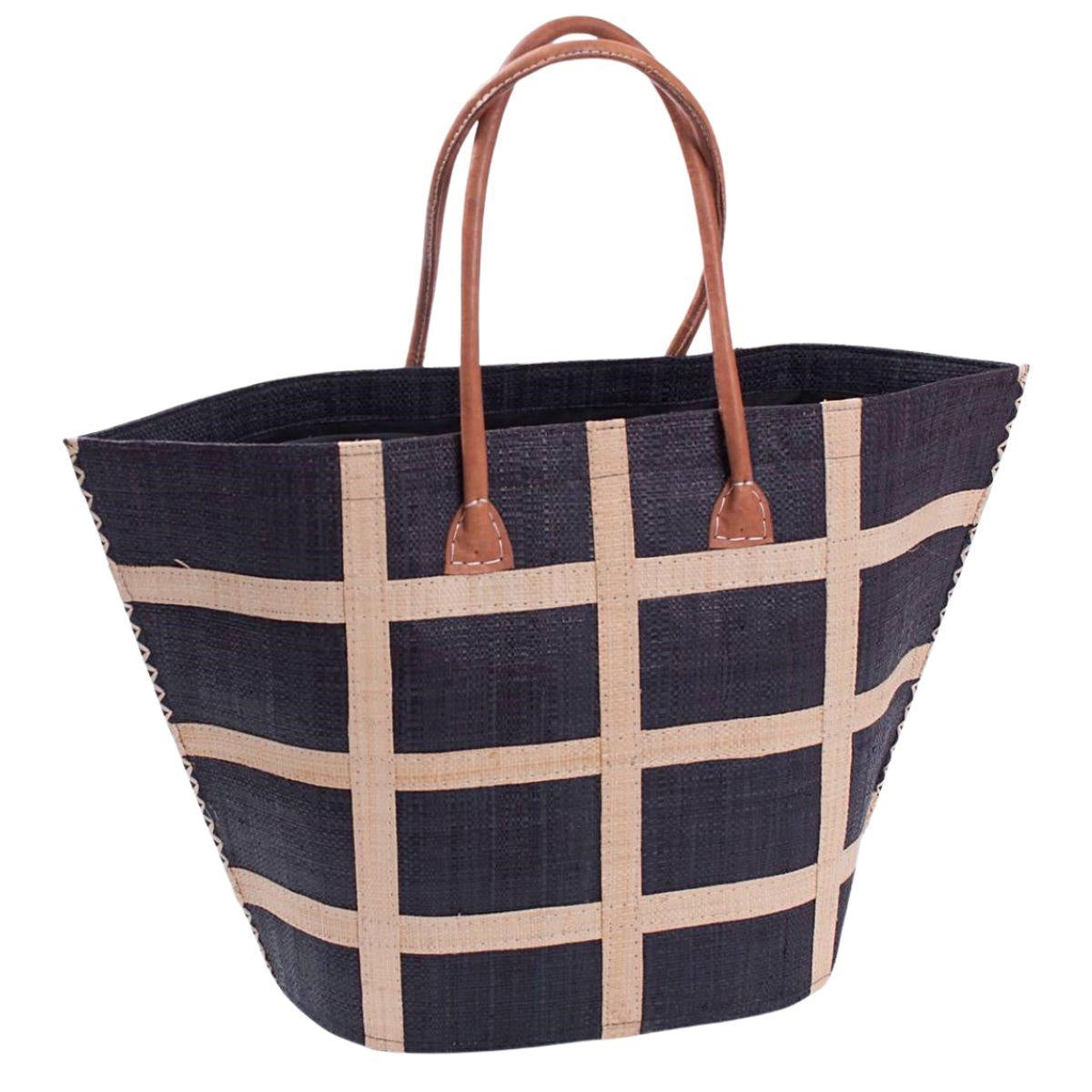 Borsa in rafia blu con quadri beige e manici in cuoio, 47x19x34 cm
