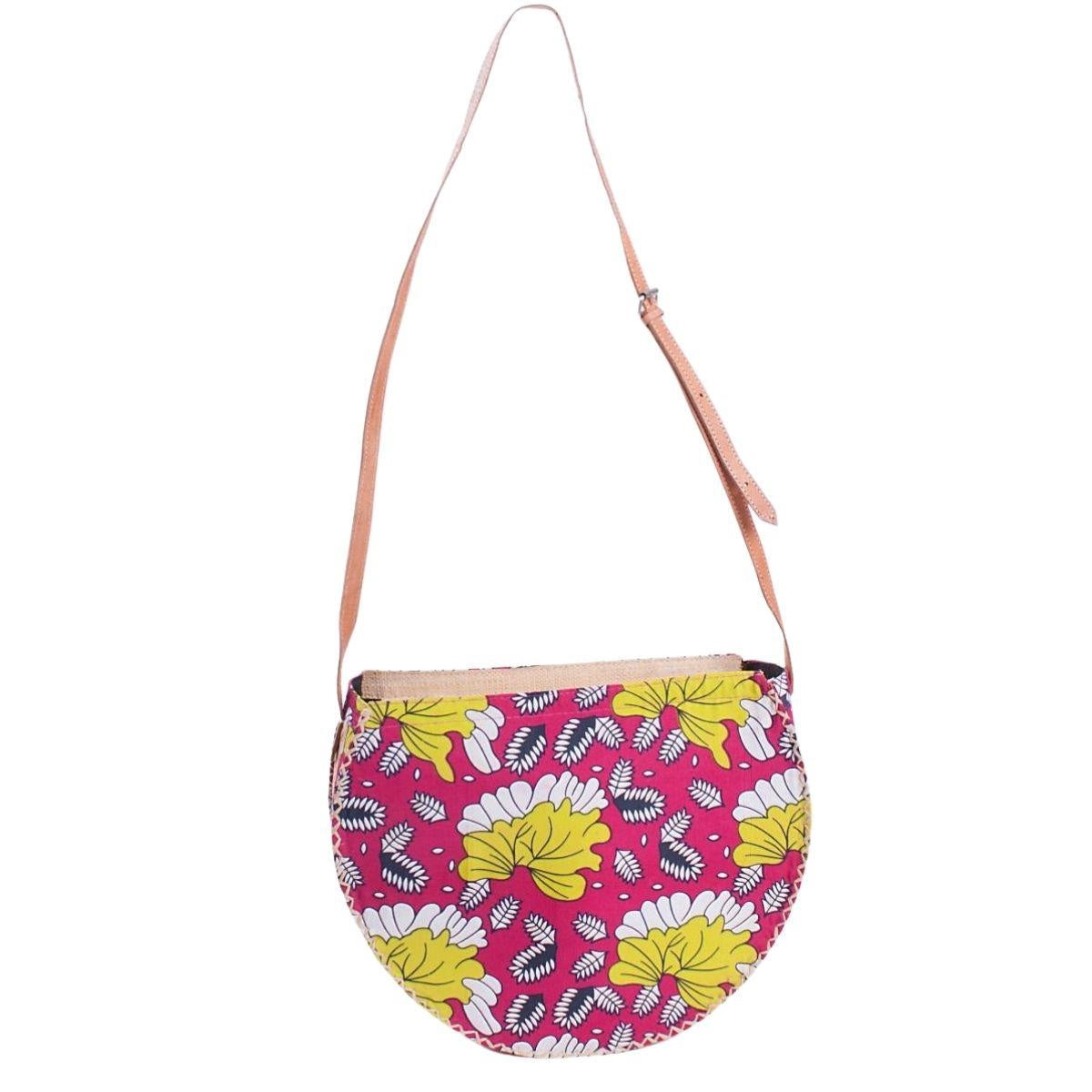 Borsa a tracolla in rafia e cotone stampato, colori assortiti, 33x10x28 cm