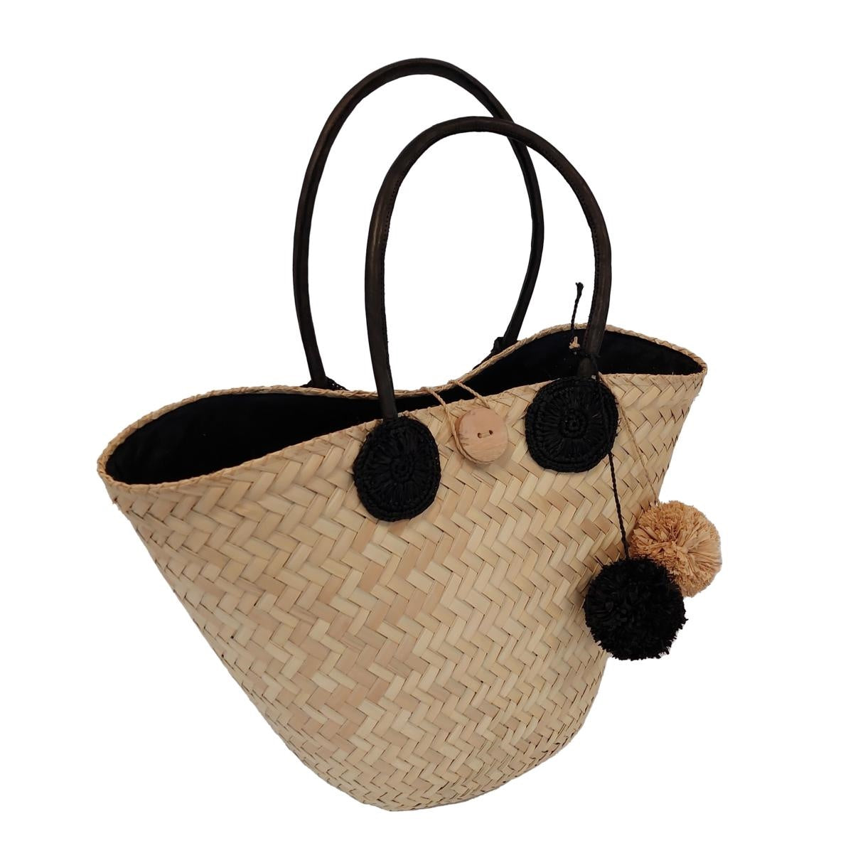 Borsa in erba e palma naturale e nera, 47x20H35 cm