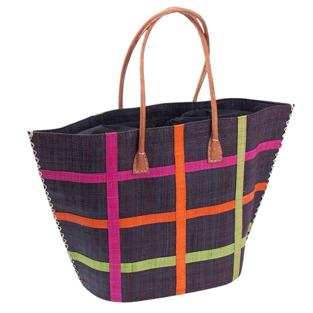 Borsa in rafia nera a quadri colorati con manici in cuoio, 47x19x34 cm