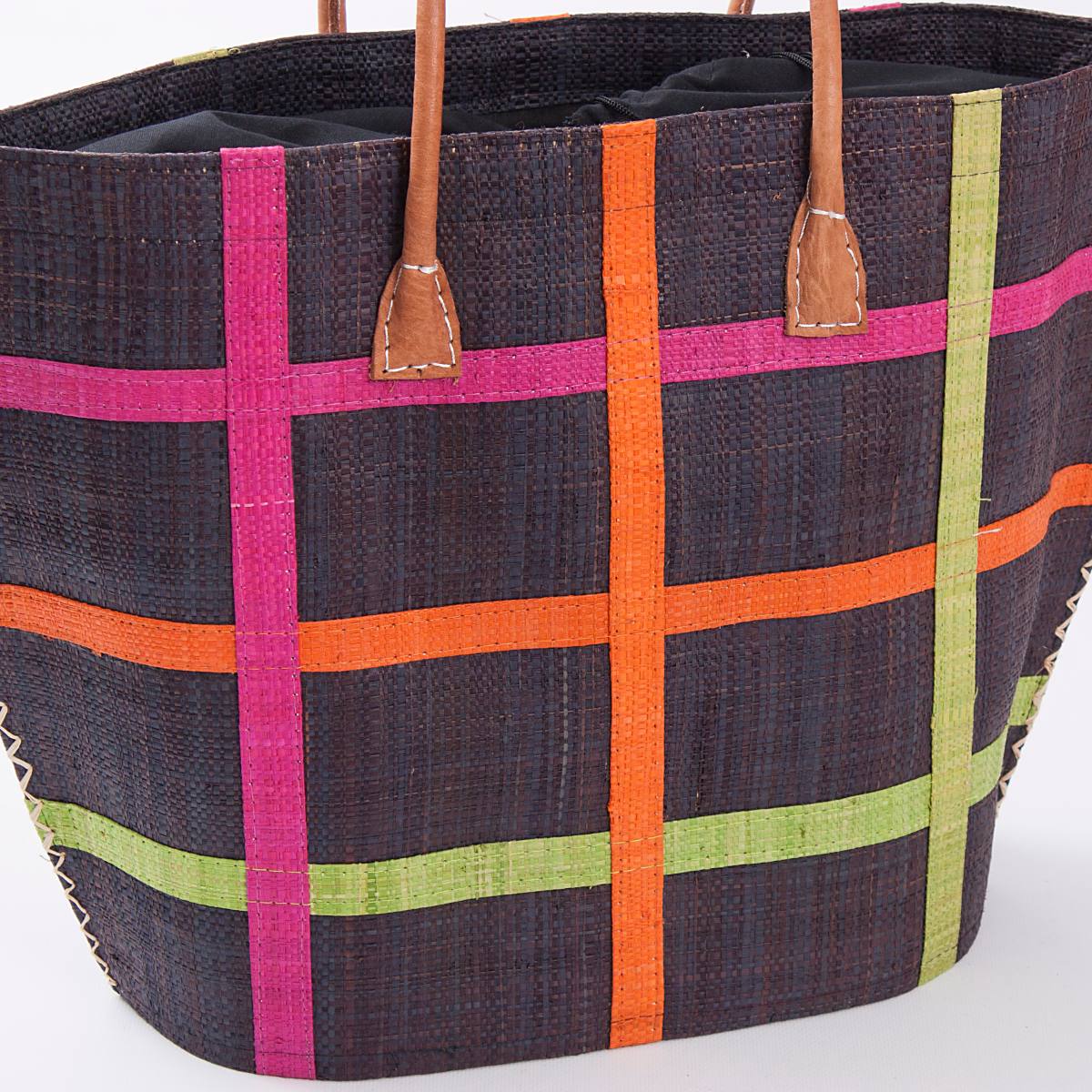 Borsa in rafia nera a quadri colorati con manici in cuoio, 47x19x34 cm