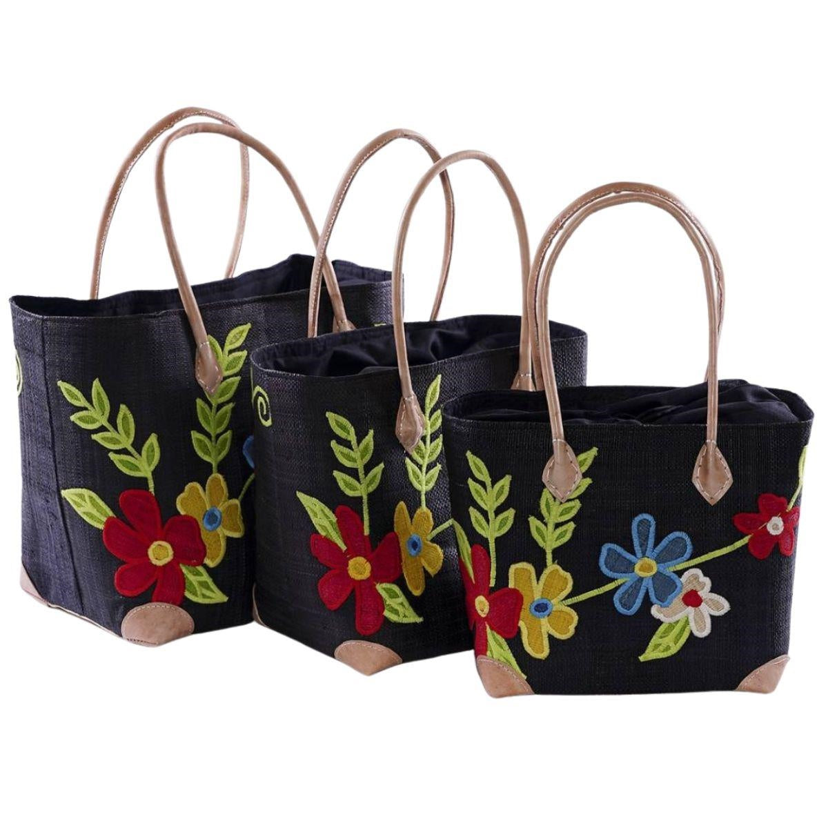 Set di 3 borse in rafia nera con fiori ricamati, fino a 30x22x34 cm