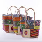 Set di 3 borse in rafia colorata, 30x22H34 cm