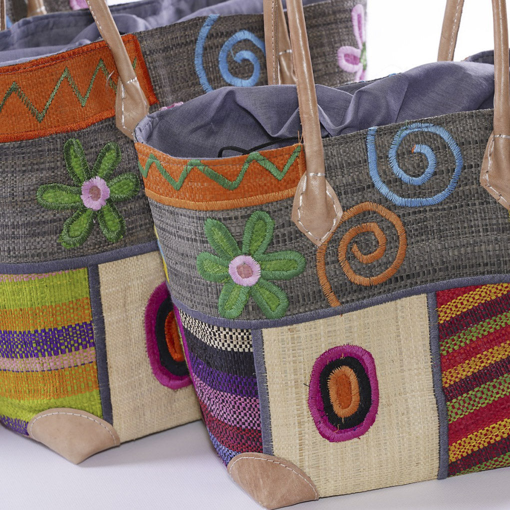Set di 3 borse in rafia colorata, 30x22H34 cm