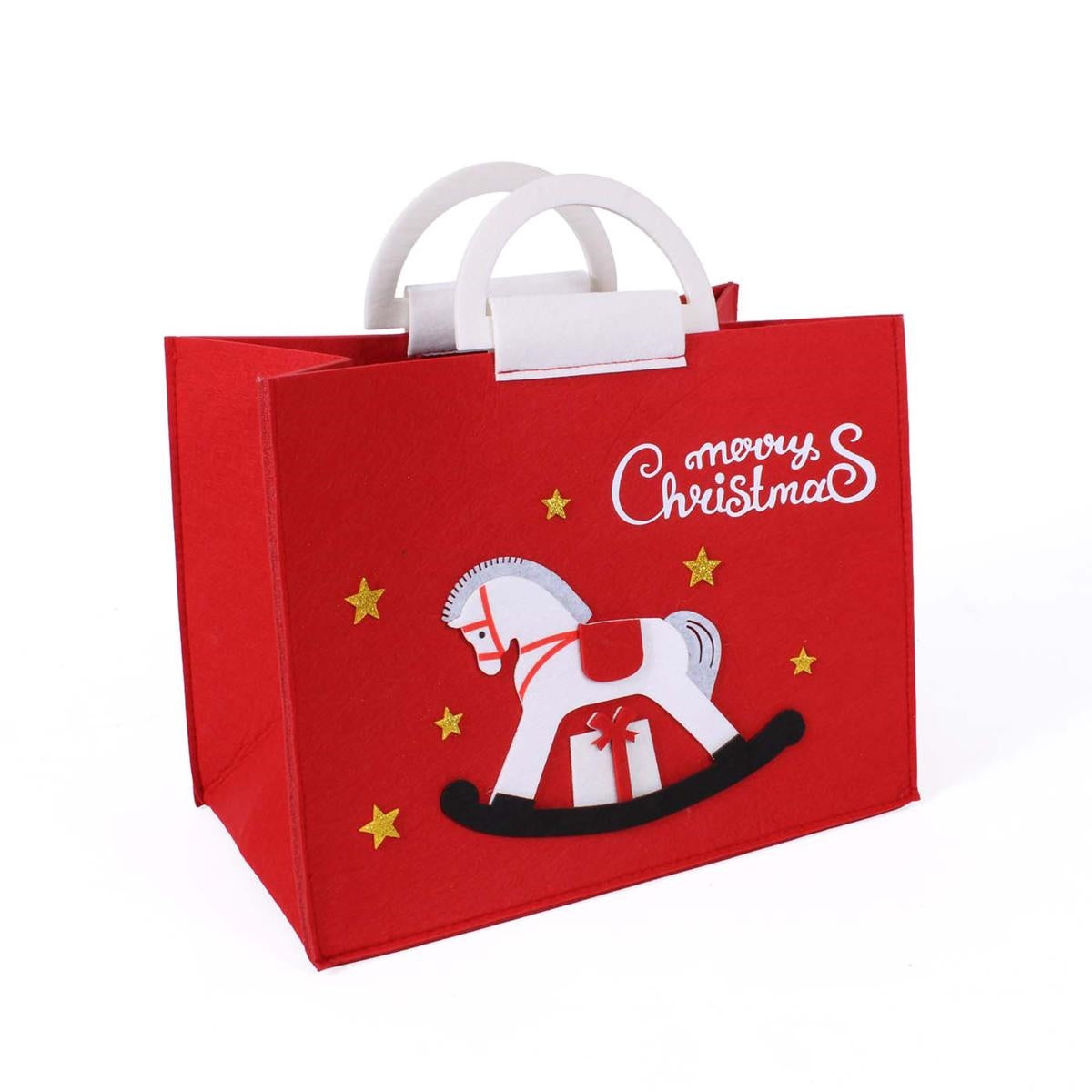 Borsa in panno rosso con cavallino e scritta Merry Christmas, 34x20x26 cm