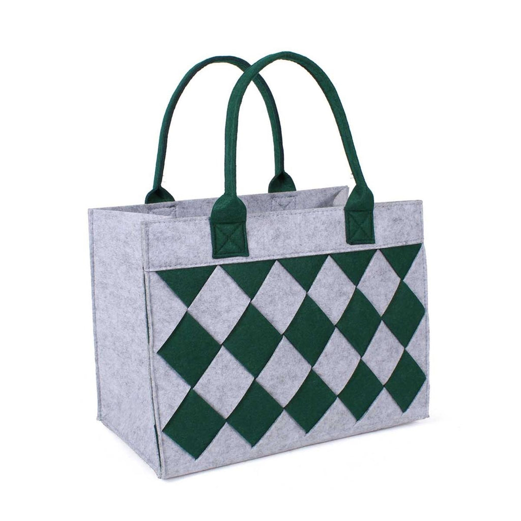Borsa in feltro grigio a rombi verdi, 34x20x26 cm