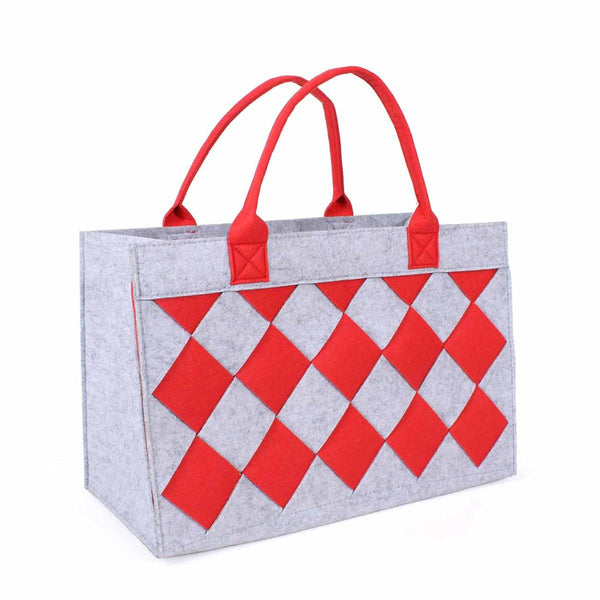 Borsa in feltro grigio a rombi rossi, 42x22x28 cm
