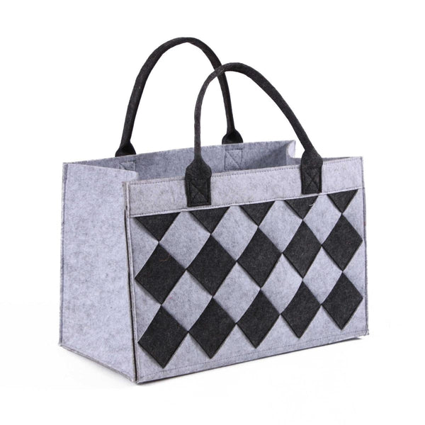 Borsa in feltro grigio a rombi neri, 42x22x28 cm