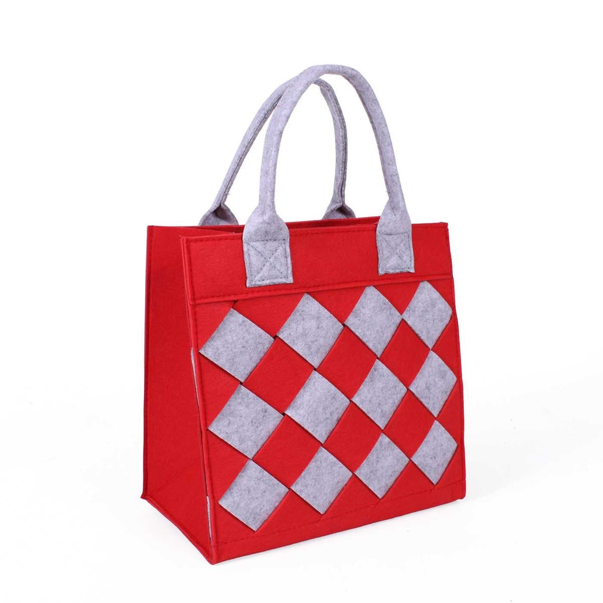 Borsa in feltro rosso a rombi grigi, 25x15x25 cm