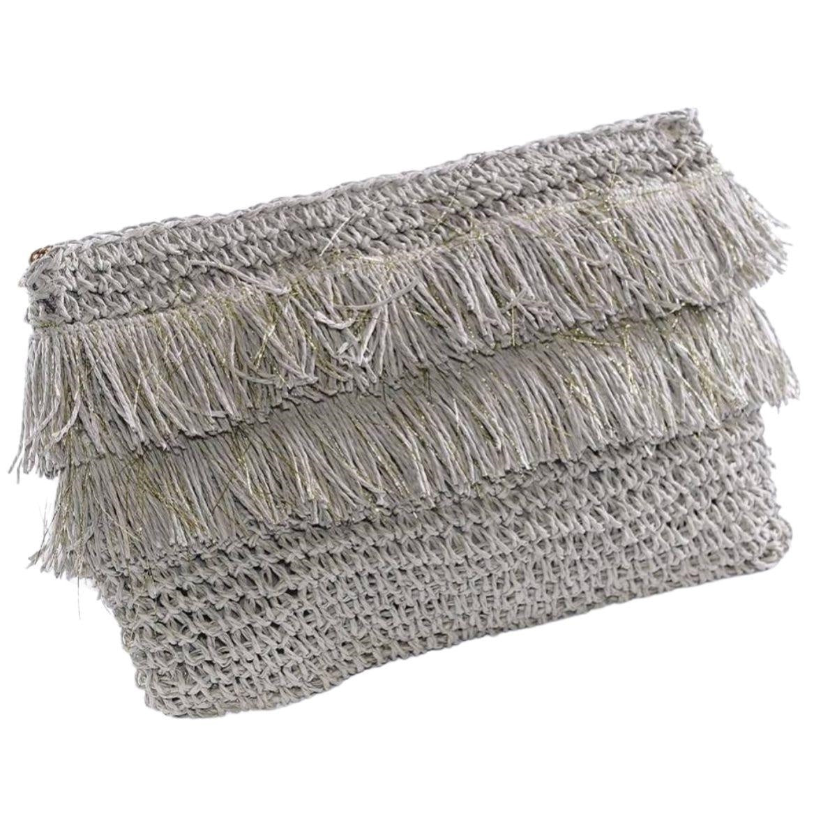 Pochette in fibre naturali grigia con frange e zip, 28x18 cm