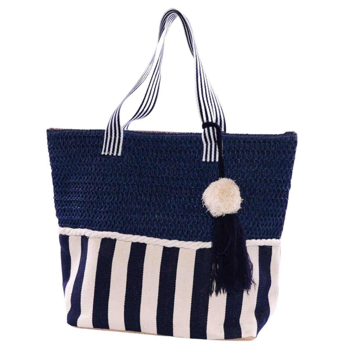 Borsa da mare blu a righe con pompon e nappa, 50x40 cm
