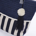 Borsa da mare blu a righe con pompon e nappa, 50x40 cm