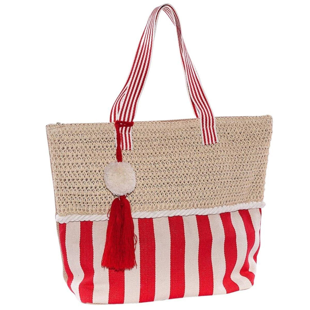 Borsa da mare rossa a righe con pompon e nappa, 50x40 cm