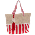 Borsa da mare rossa a righe con pompon e nappa, 50x40 cm