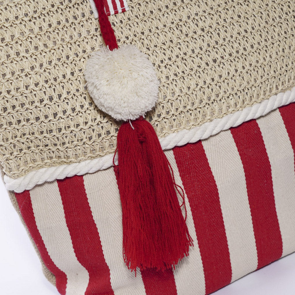 Borsa da mare rossa a righe con pompon e nappa, 50x40 cm