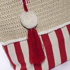 Borsa da mare rossa a righe con pompon e nappa, 50x40 cm