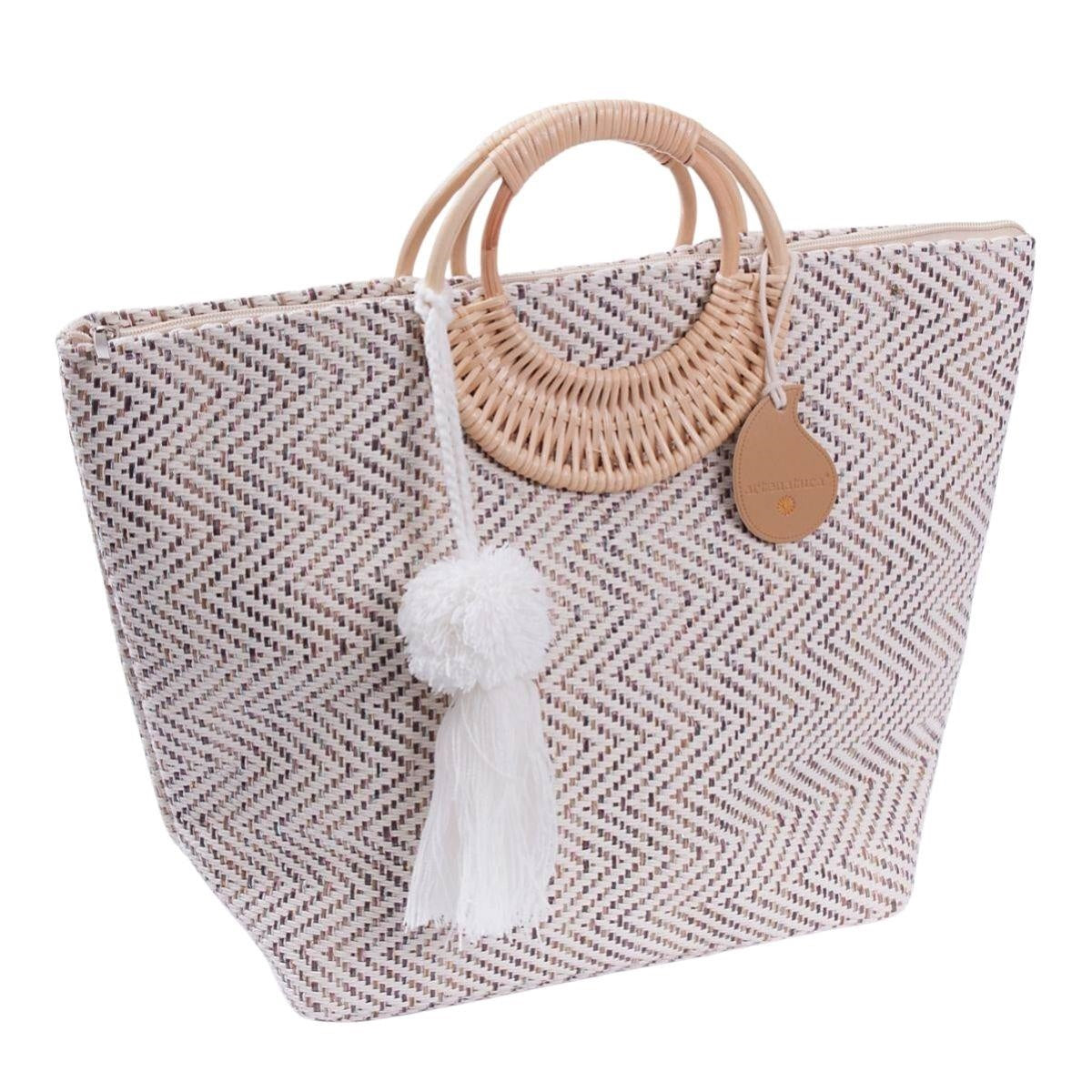 Borsa in tessuto a spina di pesce con manici tondi in rattan, 48x33 cm