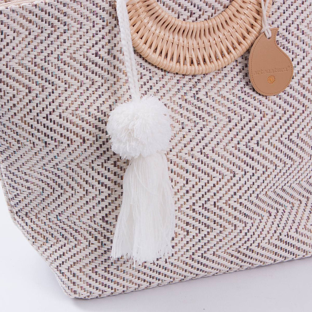 Borsa in tessuto a spina di pesce con manici tondi in rattan, 48x33 cm