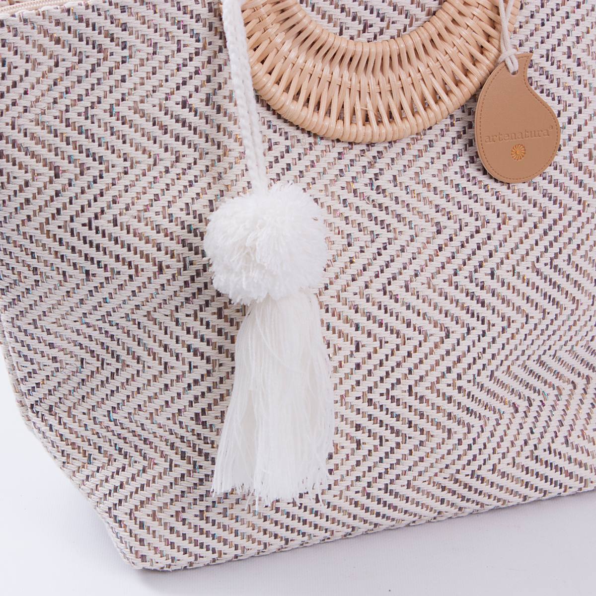 Borsa in tessuto a spina di pesce con manici tondi in rattan, 48x33 cm