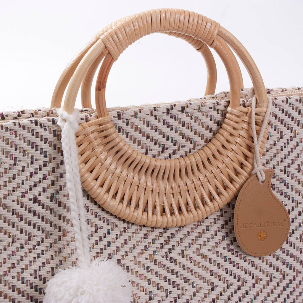 Borsa in tessuto a spina di pesce con manici tondi in rattan, 48x33 cm