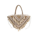Borsa in fibre naturali con decoro in macramè e nappe, chiusura a coulisse, 50x14x28 cm