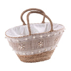 Borsa ovale in fibre naturali con merletto e coulisse, 50x25H27/47 cm