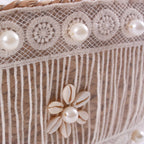 Borsa ovale in fibre naturali con merletto e coulisse, 50x25H27/47 cm