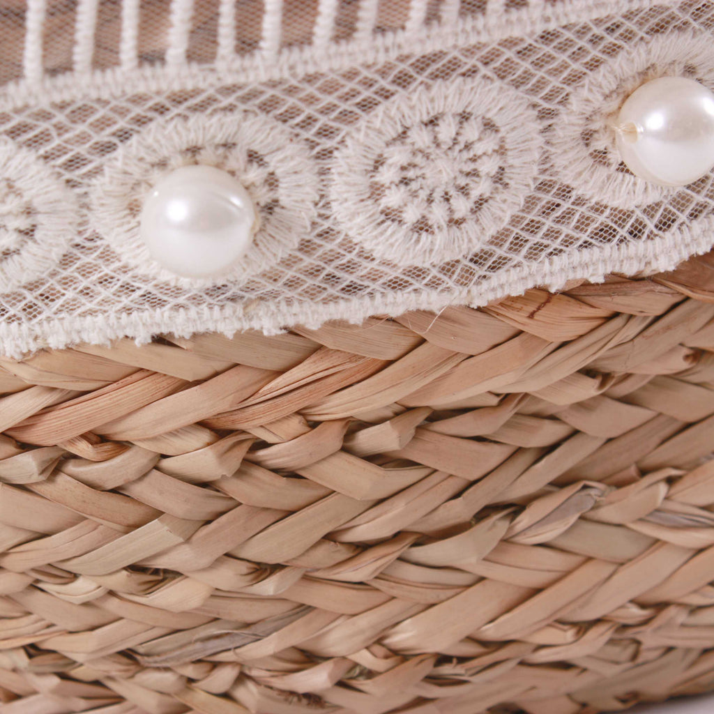 Borsa ovale in fibre naturali con merletto e coulisse, 50x25H27/47 cm