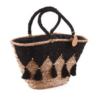 Borsa ovale in fibre naturali con merletto nero, 59x22H30/50 cm