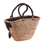 Borsa ovale in fibre naturali con merletto nero, 59x22H30/50 cm