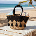 Borsa ovale in fibre naturali con merletto nero, 59x22H30/50 cm