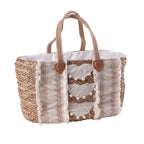 Borsa rettangolare in fibre naturali con merletto, zip e fodera, 55x25x30 cm