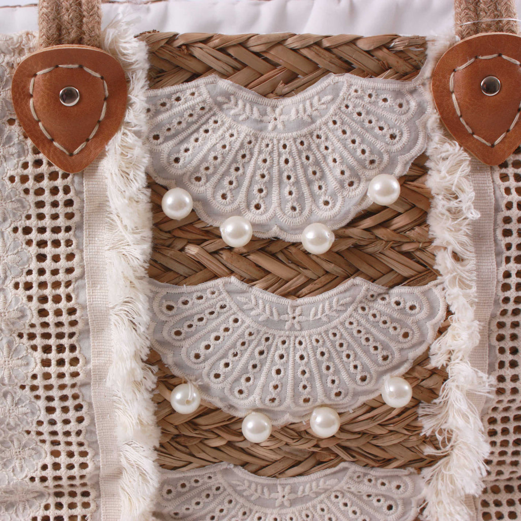 Borsa rettangolare in fibre naturali con merletto, zip e fodera, 55x25x30 cm