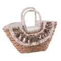Borsa ovale in fibre naturali con merletto e paillettes, 54x18x30 cm
