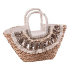 Borsa ovale in fibre naturali con merletto e paillettes, 54x18x30 cm