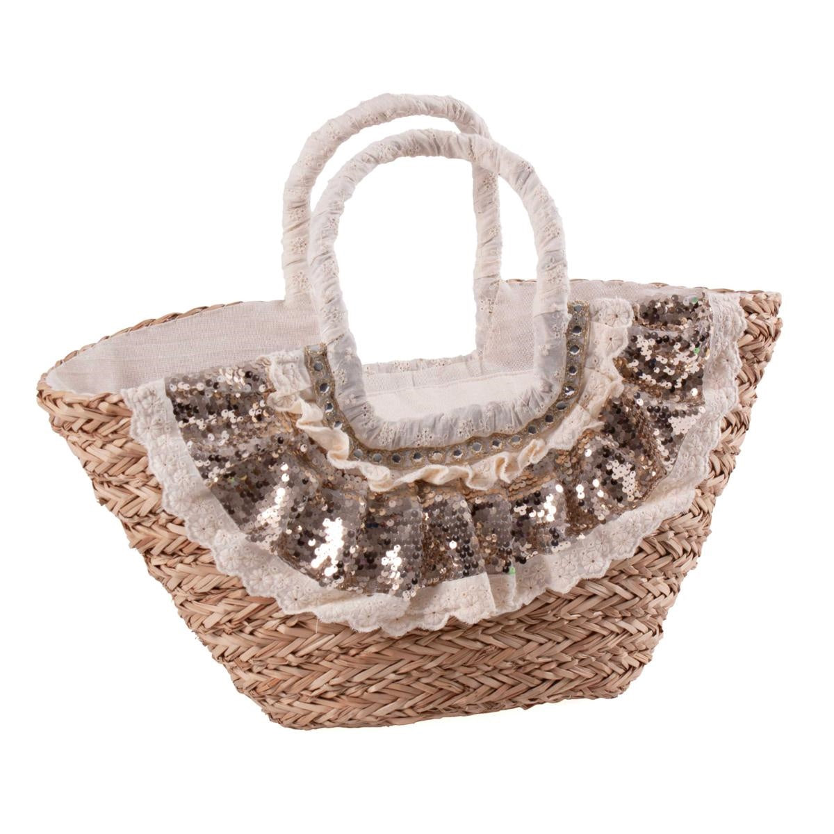 Borsa ovale in fibre naturali con merletto e paillettes, 54x18x30 cm